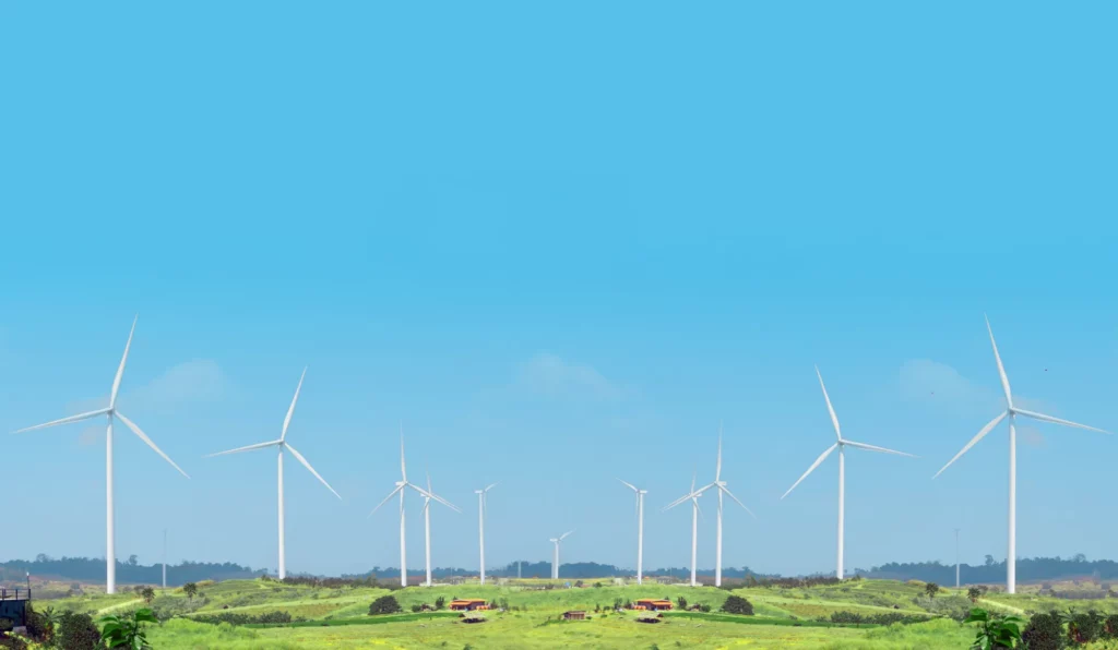 Open green field with wind turbines