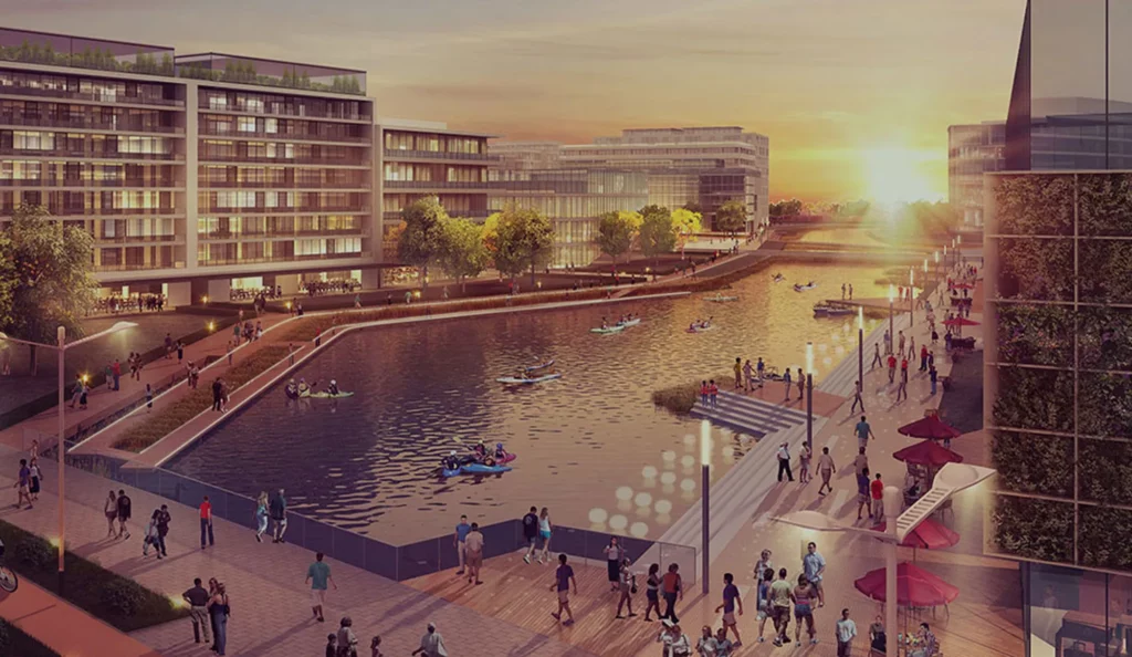 Sasaki waterfront project with people walking around