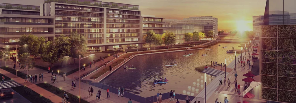 Sasaki waterfront project with people walking around