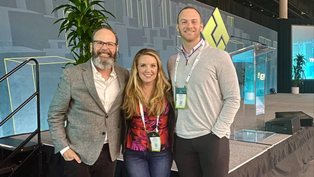 Michael Beckerman, CEO of CREtech; Lisa Nickerson, and Nathan Edwards at CREtech San Diego 2022