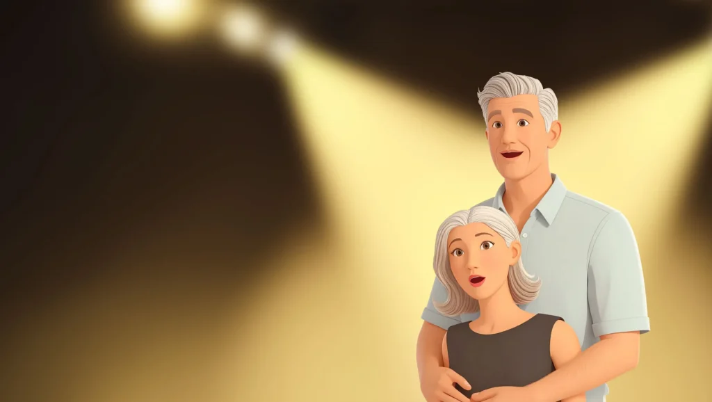 A man and woman standing close together on a balcony at night. The woman is turning away from the viewer, covering her face with both hands as if trying to hide.