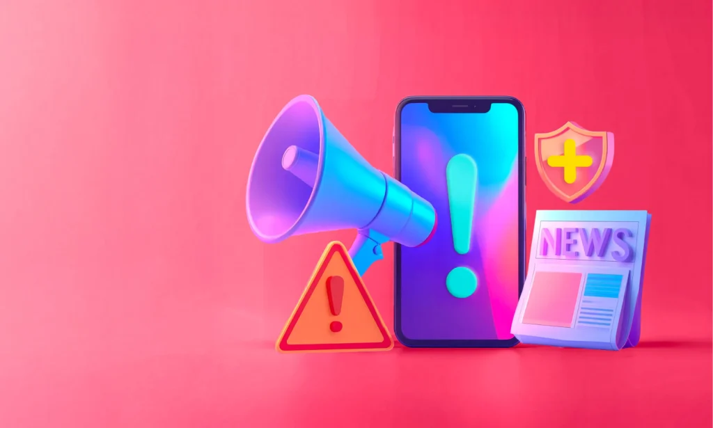 iPhone, bullhorn, newspaper graphic