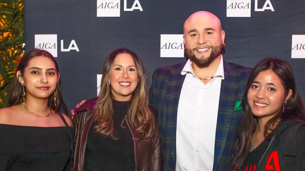 Olivia Leese and Joseph Soto with Nickerson's Adobe Apprentice, Viviana Castillo, and AIGA LA’s Adobe Apprentice, Rhea Kate Rendon, at the AIGA Los Angeles Holiday Party.